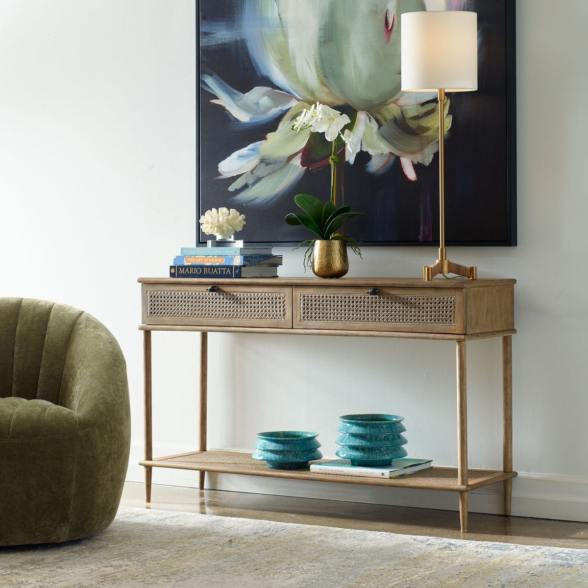 Coast Console Table | Natural Oak with Rattan Cane Accents