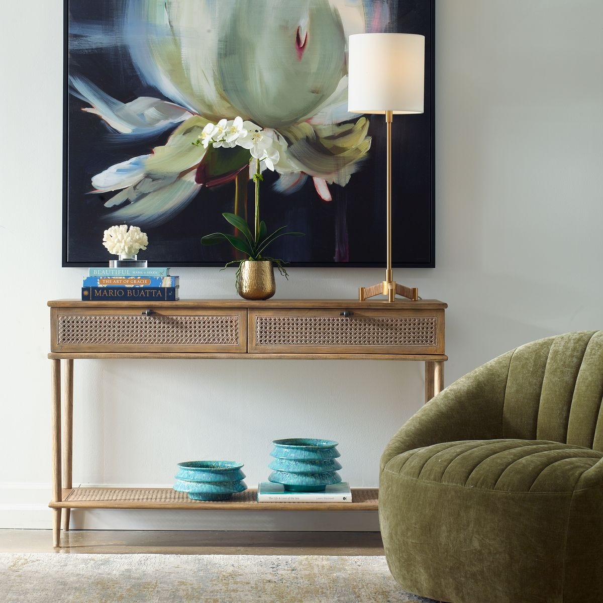 Coast Console Table | Natural Oak with Rattan Cane Accents