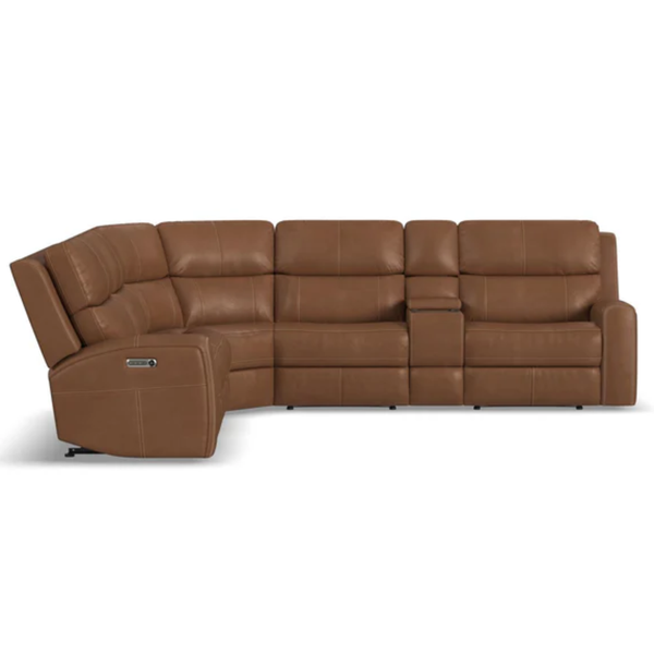 Flexsteel Linden Leather Power Reclining Sectional with Power Headrests & Lumbar