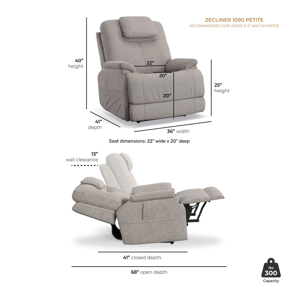 Zecliner Model 2 Petite Power Lift Recliner with Power Headrest & Lumbar - Shell