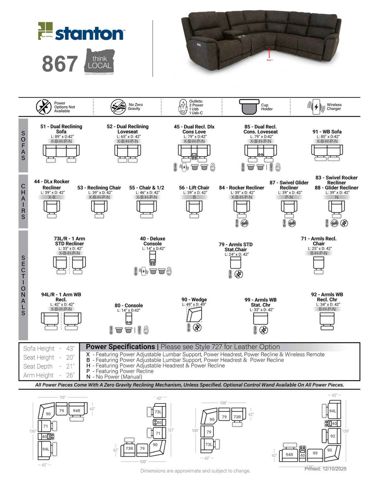 Stanton 867 Power Reclining Sectional with 3 Recliners