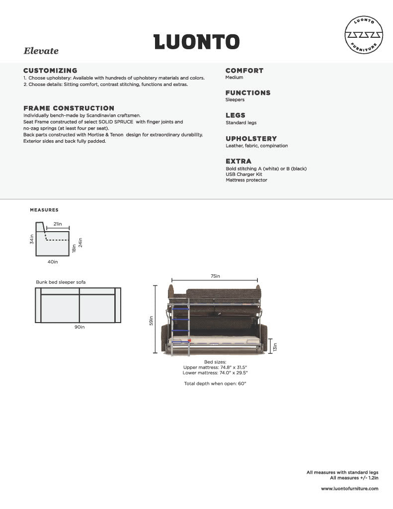 Spec sheet for bunk bed sleeper sofa