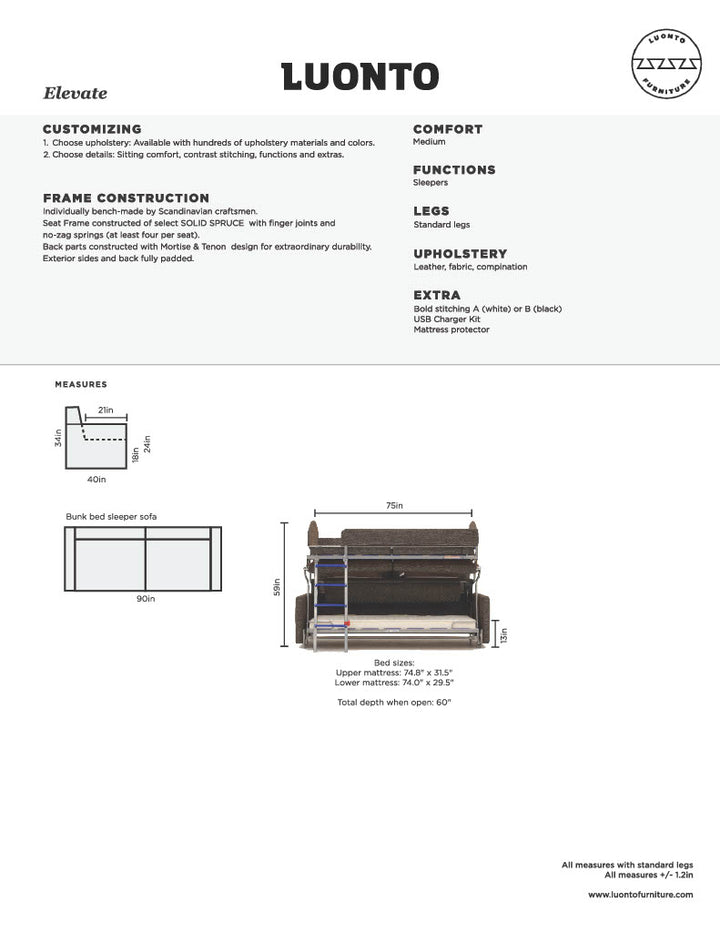 Spec sheet for bunk bed sleeper sofa